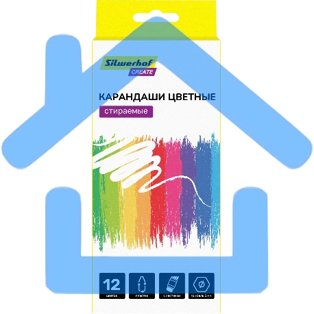 Карандаши цветные Silwerhof Create 3мм, шестигранный профиль, пластик, ассорти, 12 цветов, коробка с европодвесом ластик