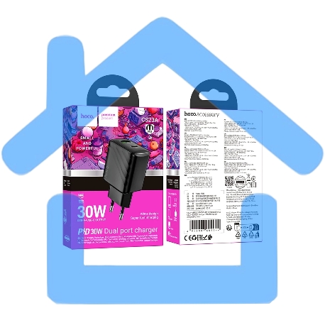 Зарядное устройство Hoco 30Вт, 3А, QC3.0/PD, 1хUSB, 1хType-C, CS23A, черный, коробка-1