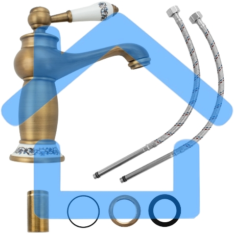 Смеситель для раковины BRIMIX 124, под БРОНЗУ, ручка с камнем, шаровый Смеситель для раковины, под БРОНЗУ, ручка и основание из эмали, большой кристалл на ручке, шаровый. Аэратор для экономии воды. Подводка в комплекте.-2