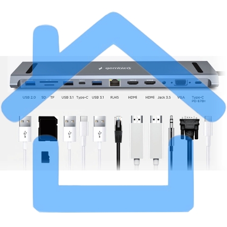Док-станция Type-C Gembird UHB-D6, 12в1: 2xUSB3.1, USB2.0, RJ45, Type-C PD87W, Jack 3.5, SD/TF, 2xHDMI, VGA, Type-C, кабель 23см, алюминий-11