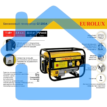 Электрогенератор бензиновый Eurolux G1200A, 1.1 кВт, 75 дБ, 22.5 кг-1