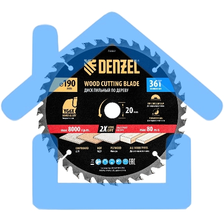 Пильный диск по дереву Denzel ф190 х 20 мм, 36 зубьев 733357