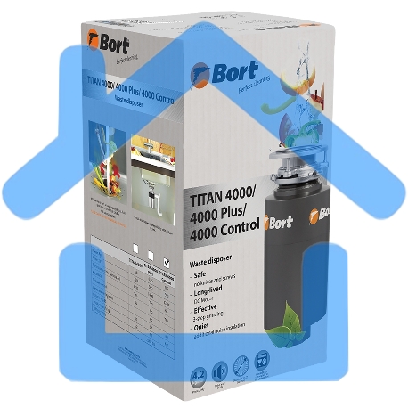 Измельчитель пищевых отходов Bort TITAN 4000 (Control) Мощность л.с. 0,75 ; 560 Вт; 4,2 кг/мин; 3200 об/мин; 1400 мл; Металл ;набор аксессуаров 5 шт [93410242]-1