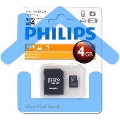 Флеш карта microSD 4Gb PHILIPS microSDHC Class 10 (SD адаптер)