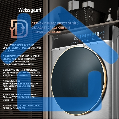 Стирально-сушильная машина Weissgauff WMD 58411 Direct Drive Inverter Premium Steam Steel (433418) нержавеющая сталь, фронтальная загрузка 11 кг, 1400 об/мин, класс: В-21
