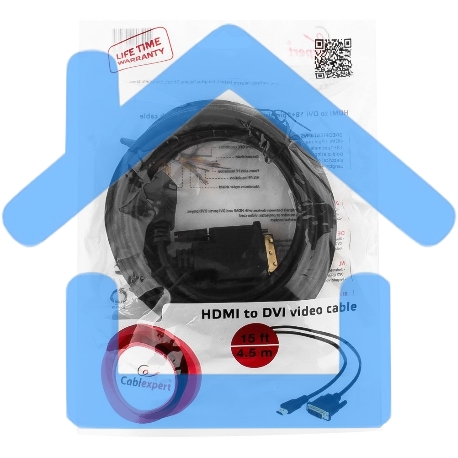 Кабель HDMI-DVI Cablexpert CC-HDMI-DVI-15, 19M/19M, single link, медь, позол.разъемы, экран, 4.5м, черный, пакет-1
