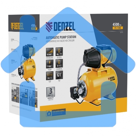 Насосная станция PS1100С, 1100 Вт, 4500 л/ч, ресивер 24 л, подъем 46 м, чугун Denzel