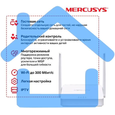 Роутер Mercusys 300Mbps Multi-Mode Wireless N Router, 2× Fixed External Antennas, 2× 10/100 Mbps LAN Ports, 1× 10/100 Mbps WAN Port, FEATURE: Access Point Mode, WPS/Reset Button, IPTV, IPv6, Beamforming, MU-MIMO, Parental Controls, Guest Network