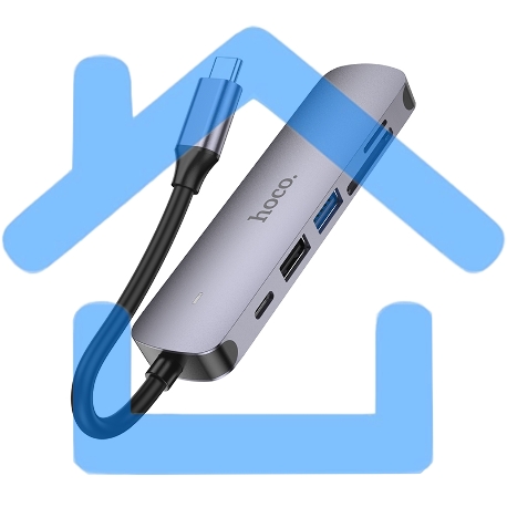 Док-станция Type-C Hoco HB28 6в1: USB3.0, PD100W, SD/TF, USB2.0, HDMI, кабель 13см, алюминий-4