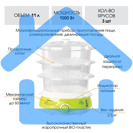 Пароварка Endever Vita-171, белый/зеленый, мощность 1000 Вт, объем 11 л-7
