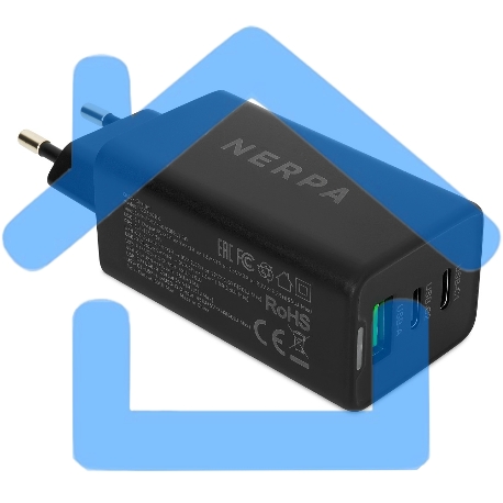 Зарядное устройство NERPA PD333CBX 65W GaN PD+QC3.0, 2xUSB-C, 1xUSB-A, USB-C - USB-C 100W cable 1.5m черный, EU plug, BOX-5