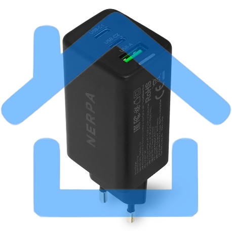 Зарядное устройство NERPA PD333CBX 65W GaN PD+QC3.0, 2xUSB-C, 1xUSB-A, USB-C - USB-C 100W cable 1.5m черный, EU plug, BOX-2