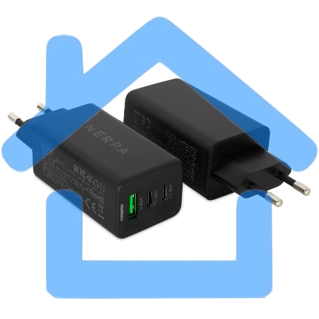 Зарядное устройство NERPA PD333CBX 65W GaN PD+QC3.0, 2xUSB-C, 1xUSB-A, USB-C - USB-C 100W cable 1.5m черный, EU plug, BOX-6