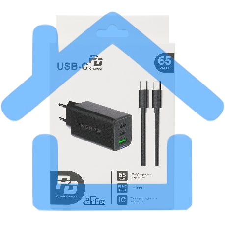 Зарядное устройство NERPA PD333CBX 65W GaN PD+QC3.0, 2xUSB-C, 1xUSB-A, USB-C - USB-C 100W cable 1.5m черный, EU plug, BOX-3