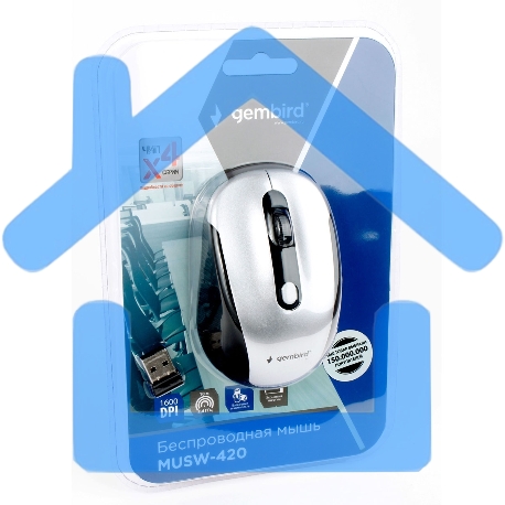 Мышь беспроводная Gembird MUSW-420-4 серебристый, 1600 dpi, радиоканал, USB, кнопки - 4-1