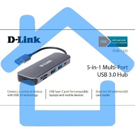 Концентратор D-Link DUB-1325/A2A с 2 портами USB 3.0, 1 портом USB Type-C, слотами для карт SD и microSD и разъемом USB 3.0-2