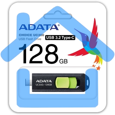 Флешка USB ADATA UC300 (ACHO-UC300-128G-RBK/GN), 128Gb, Type-C USB 3.2, R/W 100/30, черный/зеленый-3