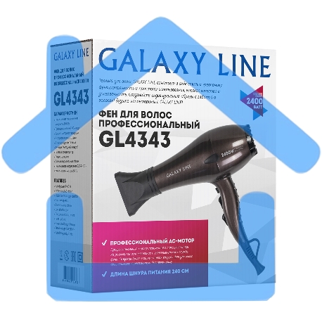 Фен для волос Galaxy Line GL 4343, коричневый, 2400 Вт, АС-мотор, 2 скорости потока воздуха, 3 температурных режима, функция 