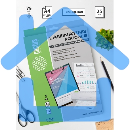 Пленка для ламинирования Cactus 75мкм A4 (25шт) глянцевая 216x303мм CS-LPGA47525-4