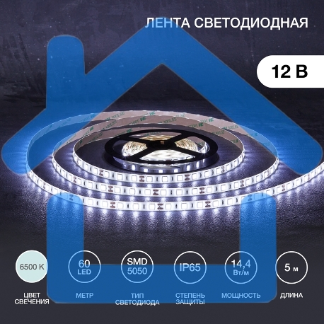 Лента светодиодная 5 м 12 В 5050 6500 К IP65 60 LED/м для БП с клеммами LAMPER-1