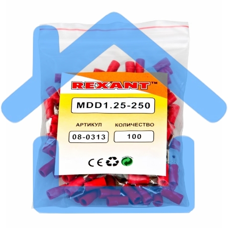 Клеммы,сжим Rexant (08-0313) КЛЕММА ПЛОСКАЯ изолированная (КПИ штекер - 6.3мм) 0.5-1.5мм (MDD1.25-250, VM1.25-250) (100 шт. в уп.)-1