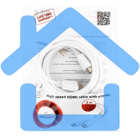 Кабель Cablexpert HDMI CC-HDMI4-W-10, 19M/19M, v2.0, медь, позол.разъемы, экран, 3 м, белый, пакет-3