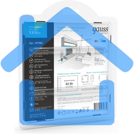 Лента светодиодная Basic Gauss 12V 9,6W/m 624lm/m 4000K IP20 LED 2m 1/100-4