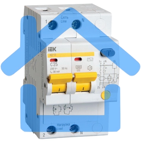 Выключатель автоматический дифференциального тока ИЭК 2п 25А/30мААД-12 MAD10-2-025-C-030-3