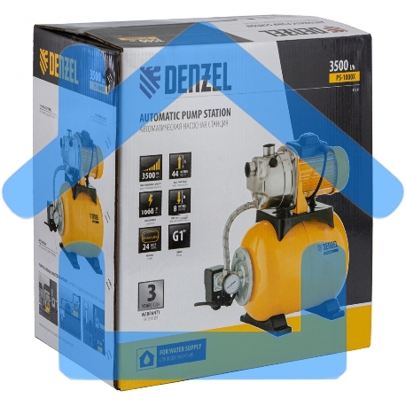 Насосная станция PS1000X, 1000 Вт, 3500 л/ч, ресивер 24 л, подъем 44 м, нержавейка Denzel-5