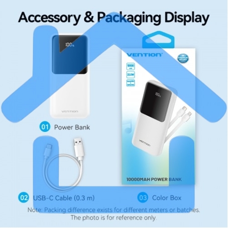 Портативный аккумулятор Vention Power Bank 10000mAh(Micro-USB/C/A/A) со встроенными кабелями 22.5W Черный с LED Дисплеем, шт.-2