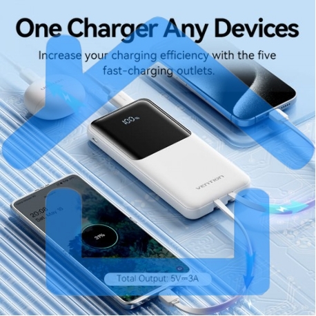 Портативный аккумулятор Vention Power Bank 10000mAh(Micro-USB/C/A/A) со встроенными кабелями 22.5W Черный с LED Дисплеем, шт.-1