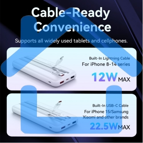 Портативный аккумулятор Vention Power Bank 10000mAh(Micro-USB/C/A/A) со встроенными кабелями 22.5W Черный с LED Дисплеем, шт.-7