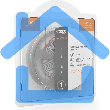 Лента светодиодная Basic Gauss 12V 4,8W/m 312lm/m 3000K IP20 LED 2m 1/120-3