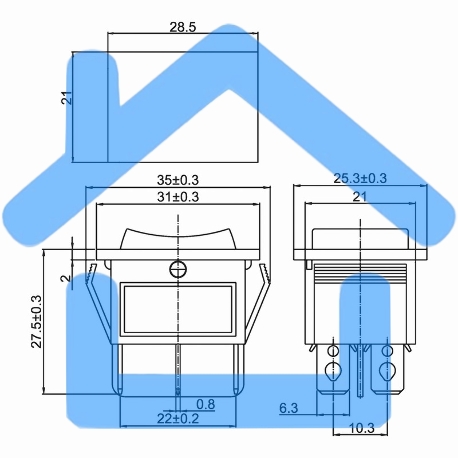 Выключатель клавишный 250V 15А (6с) ON-OFF-ON синий с подсветкой и нейтралью Rexant-1