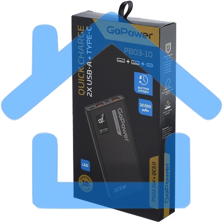 Портативный аккумулятор GoPower PB03-10 10000mAh 3.0A 22.5W 2USB/Type-C черный (1/50)-1