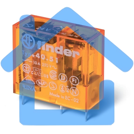 Реле электромеханическое миниатюрное универсальное монтаж на печатную плату или в розетку выводы с шагом 5мм 1CO 10А AgNi 24В DC RTII FINDER 405190240000