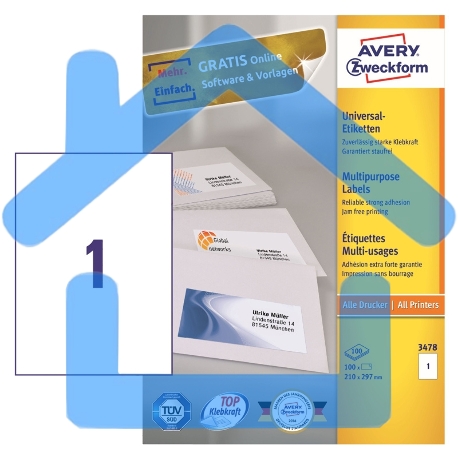 Этикетки Avery Zweckform 3478 A4 70x210мм 297шт на листе/70г/м2/100л./белый матовое самоклей. универсальная