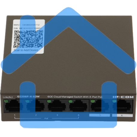 Сетевой коммутатор IP-COM G2206P-4-63W 4x10Base-T / 100Base-TX / 1000Base-T 2x1000Base-T PoE порты 4 Количество портов PoE+ 4 G2206P-4-63W-7