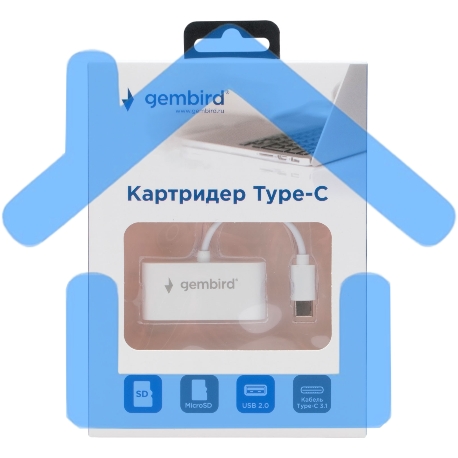 Картридер Type-C (2.0) Gembird FD2-MSD-2, 3в1: SD, TF (MicroSD), USB 2.0, кабель 10см, белый-2