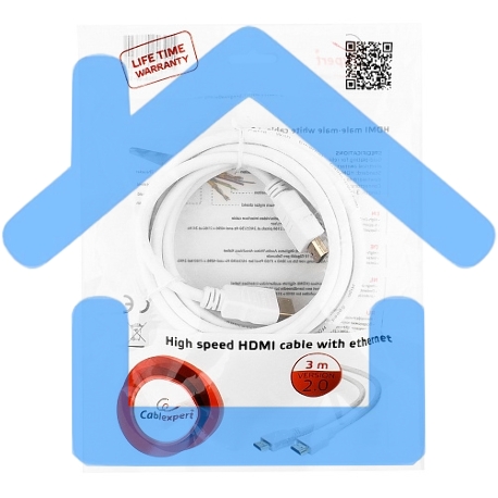 Кабель Cablexpert HDMI CC-HDMI4-W-10, 19M/19M, v2.0, медь, позол.разъемы, экран, 3 м, белый, пакет-6
