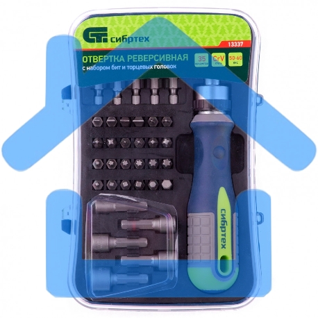 Отвертка реверсивная с набором бит и торцевыми головками Сибртех 35 шт., CrV